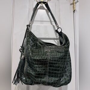 Vintage Genuine Brighton Green Hobo Bag, patten leather, croc embossed.